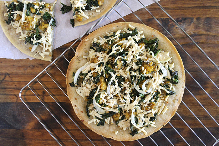 Roasted Kale, Onion and Tempeh Sausage Thin Crust Pizza
